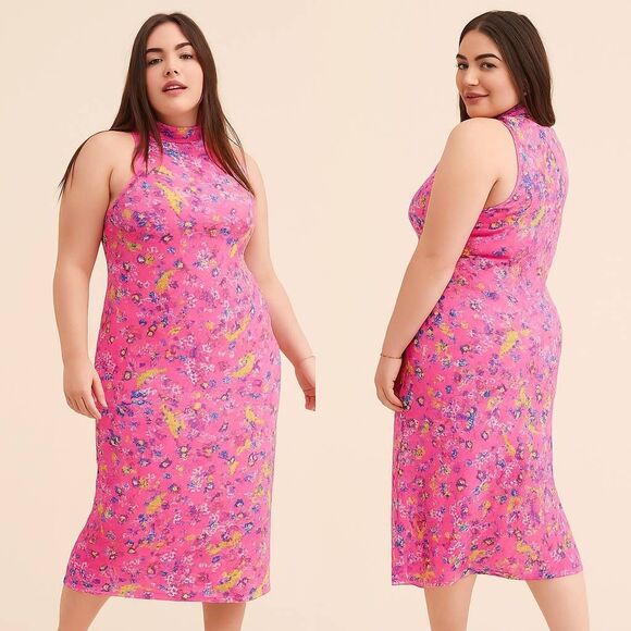 AFRM Pink Floral Mock Neck Midi Dress Size 1X NWT | Sleeveless Stretch Bodycon - Picture 1 of 10